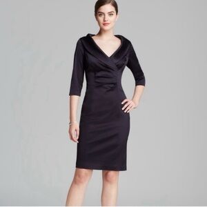 Kay Unger Black V-Neck Sheath Dress with Three-Quarter Sleeves Size 6